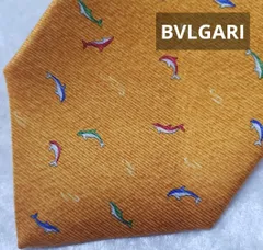 【美品】BVLGARI ブルガリ オレンジ／マスタード系 シルクネクタイ ドルフィン イルカ モチーフ《1021-03》