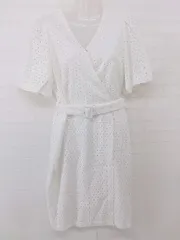 ◇ ◎ ELNIQUE エルニーク ベルト付 レース カシュクール 半袖 膝丈 ワンピース サイズS オフホワイト レディース P  【1302200012272】