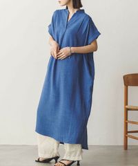 リネンライク気流染めタック半袖ワンピース  5color