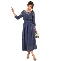 [DEEPEYES] ディープアイズ パーティードレス レース 七分袖 ラウンドネック ロング フレアワンピース 大人可愛い 女性用ファッション