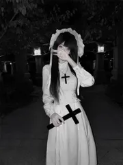 新品未使用 ヴィンテージ風 白色レースデザイン ロングワンピース 体型補正 ウエスト締め 秋冬シーズン向け 高品質 レディース 病み可愛い ゴシックファッション