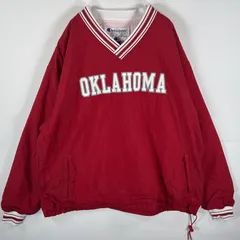 古着 チャンピオン Champion ナイロンジャケット Vネック ワンポイントロゴ刺繍 OKLAHOMA ドローコード ビッグサイズ XXL  レッド メンズ