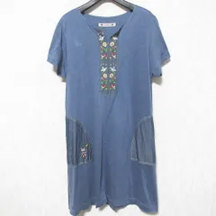 良品 OLLEBOREBLA アルベロベロ オレボレブラ ぶたさん フラワー 刺繍 ショートスリーブ ひざ丈 ワンピース ブルー レディース 古着 中古 USED