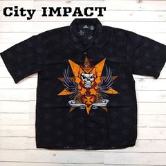 古着 半袖 プリントシャツ City IMPACT スカル アイアンクロス 開襟 オープンカラー 黒