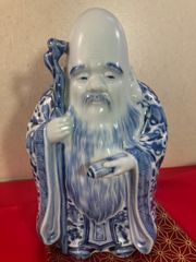 希少 九谷焼？ 古九谷？　福禄寿 七福神 縁起物 置物　 オブジェ 染付　杖接着跡あり