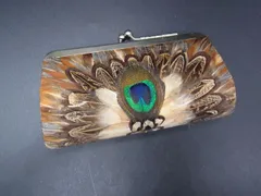 孔雀の羽 がま口 ポーチ 小物入れ マルチケース レディース メンズ ブラウン系×マルチカラー DE2276