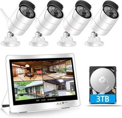 YESKAMOO 防犯カメラ 12インチ一体型防犯モニター 3TB HDD内蔵 ワイヤレス 4台 セット  (300万画素WiFiカメラ4台+500万画素録画機+3TB HDD)