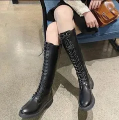 ロングブーツ 編み上げ 黒 韓国 レディース 厚底 美脚 編み上げブーツ 膝丈