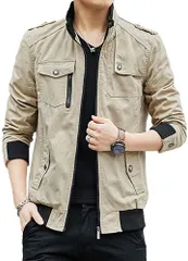 Ys factory Y's 裏起毛 ミリタリージャケット メンズ トレンチコート ジャンパー ボア アウター 綿 冬 秋 春 薄手 厚手 防風 日本2XLサイズ相当(カーキ／薄手,  2XL)