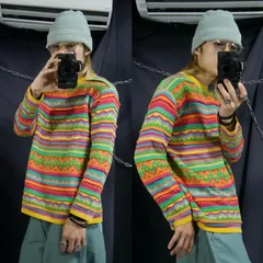 90s Benetton Italy made Cotton Multi Colors Borders 3D Knit Sweater 90年代 ベネトン イタリア製 コットン マルチカラー ボーダー 立体編み ニット