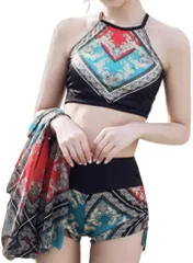 GIVEK タンキニ ３点 セット パレオ 付き レディース 水着 エスニック 柄 ホルターネック 体型 カバー 防水 ポーチ レッドxブルー( レッド/ブルー,  L)