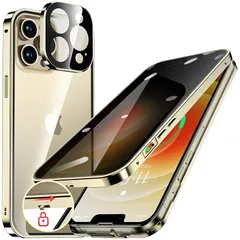 HGUTREY【覗き見防止・自動ポップアップボタン】 iPhone12 Pro Max 用 ケース 【ロック付き】【ストラップホール付き】一体型レンズ保護 両面9H強化ガラス iPhone12プロマックスケース 耐衝撃 アルミ バンパー メタルフレーム ス 1