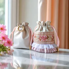 秋桜・合皮ミニ巾着(秋桜色・ローズピンク)『No.302 インド刺繍ミニ巾着』合皮ポーチ　ミニポーチ　インド刺繍ポーチ　マルチポーチ　サニタリーポーチ