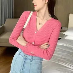 ☆ ピンク ☆ Lサイズ ☆ Vネックリブカーディガン クロップ丈 カーディガン レディース カーデガン カーデ Vネック リブカーディガン 羽織もの はおりもの おしゃれ シンプル 上品 きれいめ オフィスカジュアル 大人 ミセス 通勤 オフィス 女性 女子