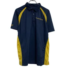 半袖 ポロシャツ M 程 ネイビー イエロー ハーフボタン ワンポイント 刺繍 ライン スポーティー 古着卸 アメリカ仕入 a703-5709