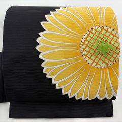 名古屋帯 美品 秀品 夏帯 向日葵 金彩 黒 正絹 【中古】