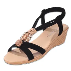 [ブブ オーハナ] サンダル 歩きやすい ウェッジ ソール ヒール 5㎝ エスニック 調 軽量 レディース 女性 用 春 夏 秋 バック アンクル ストラップ オープントゥ アジア 系 アジアン 風 ファッション ウエッジ 厚 [ブラック] [24.0 cm]