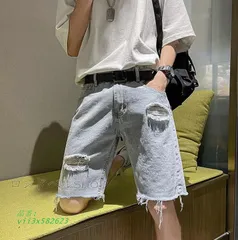 夏新作 デニム ショートパンツ メンズ デニムハーフパンツ 半ズボン ダメージ加工 ボ男性用 ファッション ストリート ゆったり 大きいサイズ  vii3x582623