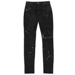 AMIRI アミリ クラッシュ ペイント加工 ペンキ デニム パンツ UK31 黒 レザーパッチ 47296