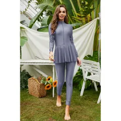 ☆ グレー ☆ S ☆ レディース水着 pkyy38 長袖 水着 レディース フィットネス セパレート ブルキニ スイムウェア おしゃれ かわいい ロングパンツ コンサバティブ 40代 50代 60代 フィットネス水着 ママ水着 フルカバー 日焼け防止