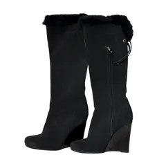 Z1563LOUIS VUITTON ルイヴィトン ロングブーツスエード ファー ウェッジソール ブラック レディース 37サイズ