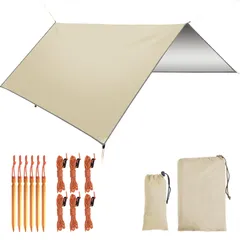 VIOQXI タープ 防水 キャンプタープ 日除け 遮熱 遮光 3000mm耐水圧 3*3M 210D高密度生地 UPF50+ UVカット サンシェルター 天幕 タープテント 6つペグ 6つテントロープ 収納袋付 運動会/ピクニック/アウトドア カーキ色