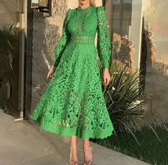 ワンピース 総レース 長袖 ロング グリーン パープル フレア Aライン ドレス パーティー 無地 上品 ハイネック 二次会 0719