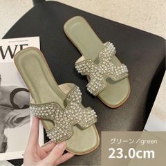☆サマーサンダル パールビジュー23.0cm緑グリーン a135