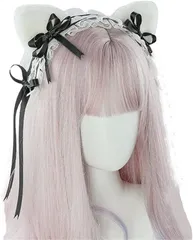TOCOHCM ネコ耳 ヘッドドレス ロリータ かわいい メイド カチューシャ リボン コスプレ 3WAY 黒( ブラック)