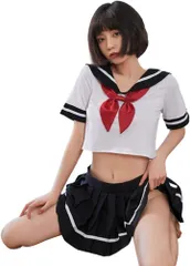 Lady Lazy レディレイジー セクシー セーラー服 コスプレ 制服 へそ出し ミニスカート 黒赤(レッド/ブラック,  Free Size)