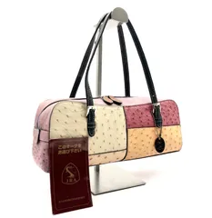 ■極上美品■JRA認証タグ3点セットあり■超希少■オーストリッチレザー　パッチワークデザイン　ミニボストンバッグ　JRAタグ、織りネーム、しおり　本革　ダチョウ革　ベージュ系×ピンク系×ブラック　レディース
