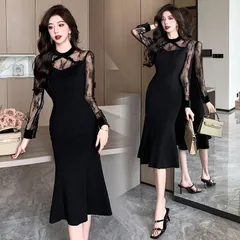 シースルードレス ワンピース レディース フレア ドレス 膝丈 ひざ丈 春 夏 秋  長袖 可愛い おしゃれ カジュアル シンプル フォーマル ファッション 結婚式 パーティードレス 入学式 入園式 卒業式 卒園式 黒 xzjhzdc#