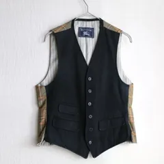 90s Burberrys レザー ベスト / ウール ブラック カーキ ベージュ チェック 切替し ビンテージ T5-01046-9290
