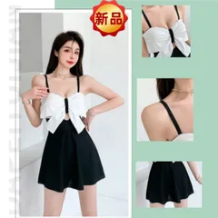 ✨新品✨ スイムウェア レディース 水着 セパレート ビキニ スカート付き 大きいサイズ ホワイト×ブラック リボン バイカラー 体型カバー かわいい 韓国ファッション 夏 海 プール M/L/XL