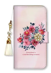 iPhone14Pro ケース 手帳型 アイフォン14 プロ スマホケース パール ビジュー ストラップ付 花柄 水彩 花束 ブーケ フラワー 大人女子 上品 おしゃれ 水彩 ピンク 水色 カラー10