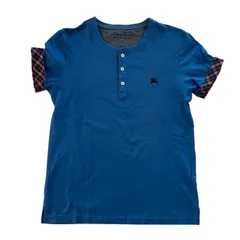 BURBERRY バーバリーブラックレーベル 半袖Tシャツ 青 チェック ヘンリーネック トップス メンズ サイズ3 Lサイズ