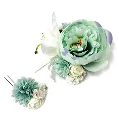 髪飾り 成人式 振袖 袴 2点セット ミントグリーン 水色 白 大人 浴衣 かんざし 簪 卒業式 フォーマル 結婚式 花飾り つまみ細工 リボン ちりめん ブライダル W 髪飾り 901/720 294-226 m839　WSi