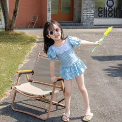 キッズ 水着 女の子 ワンピース オールインワン【期間特典限定】 スイムキャップ 2点セット パフスリーブ 半袖 フリル ギンガムチェック 90 100 110 120 130