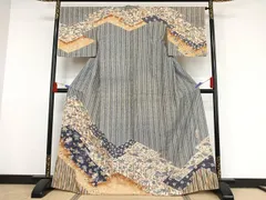 平和屋着物●訪問着　作家物　紬地　型染め　流水花鳥文　正絹　逸品　AAAY1614np