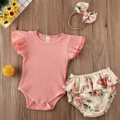 ロンパース　6M/70-80cm 花柄ショートパンツand花柄ヘッドバンド付