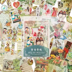 【特価セール】素材 デザインペーパー コラージュ レトロ 大容量 海外 フレークシール ステッカー 硫酸紙 和紙 シール帳 100枚入りセット カード ギフト包装 おとぎ話