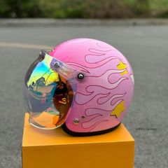 OOHAMA ピンクレトロヘルメット 星柄・炎デザイン付き ハーフ  