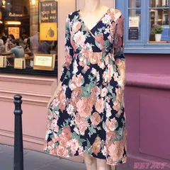 ワンピース 膝丈 7分袖 Vネック ハイウエスト カシュクール ラップ ポケット付 インポート ローズ花柄 S.M.L ダークネイビーブルー FROM USA SP241118LA001