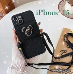【送料無料】ディズニー風 iPhone15ケース ホワイト キャメル ブラック 大人可愛い キラキラデザイン ストラップ付き