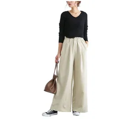 [Four leaf] ワイドパンツ レディース 春夏 ガウチョパンツ ウエストゴム 大きいサイズ (M, オフホワイト) [オフホワイト] [M]