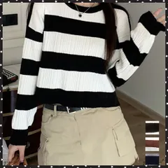 ニットトップス ショート丈 秋冬トップス 長袖 ボーダー柄ニット ドロップショルダー ニットソー 着回し セーター クルーネック 通勤通学 オフィスカジュアル 韓国ファッション ニットプルオーバー ニットウェア 配色