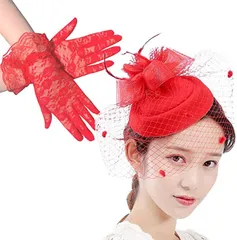 LUXIA FILL ルクシア フィル カクテル ハット 帽子 トーク帽 ブライダル ウェディング レディース ヘッドドレス ヘアアクセサリー 髪飾り レース手袋 セット レッド Aタイプ( レッド 手袋 タイプA,  Free Size)
