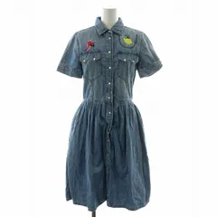 ディーゼル DIESEL シャツワンピース デニム ひざ丈 フレア ギャザー 半袖 刺繍 XXS 青 ブルー /NW18