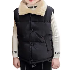 [ALVEIN] ダウンベスト キッズ 中綿 子供服 ジャンパー 防寒 ブルゾン もこもこ ノースリーブ 厚手 ファー 襟付き 裏起毛 防寒 暖かい 防風 通園 通学 (JP, 数字サイズ, 90, ブラック) [ブラック] [90]