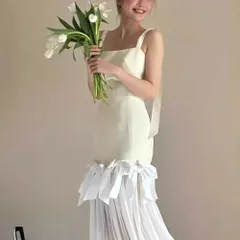 【新品 未使用】2026新作 ウェディングドレス ロングドレス スレンダーライン キャミソールドレス シンプル 韓国風 ミニ丈 ロング丈 2way 二次会 結婚式 前撮り 花嫁 ウエディングドレス サテン 挙式 ブライダル 